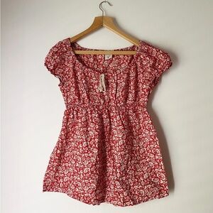 Motherhood Maternity 100% Cotton Red Cream Floral Short Sleeve Blouse Size S-M